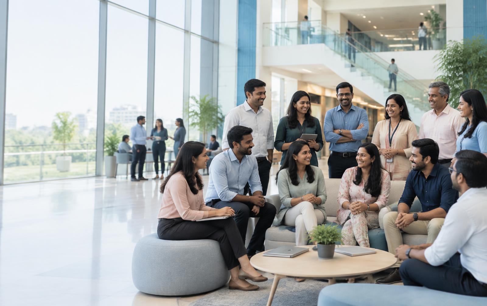 A diverse group of Indian professionals together in a bright workplace