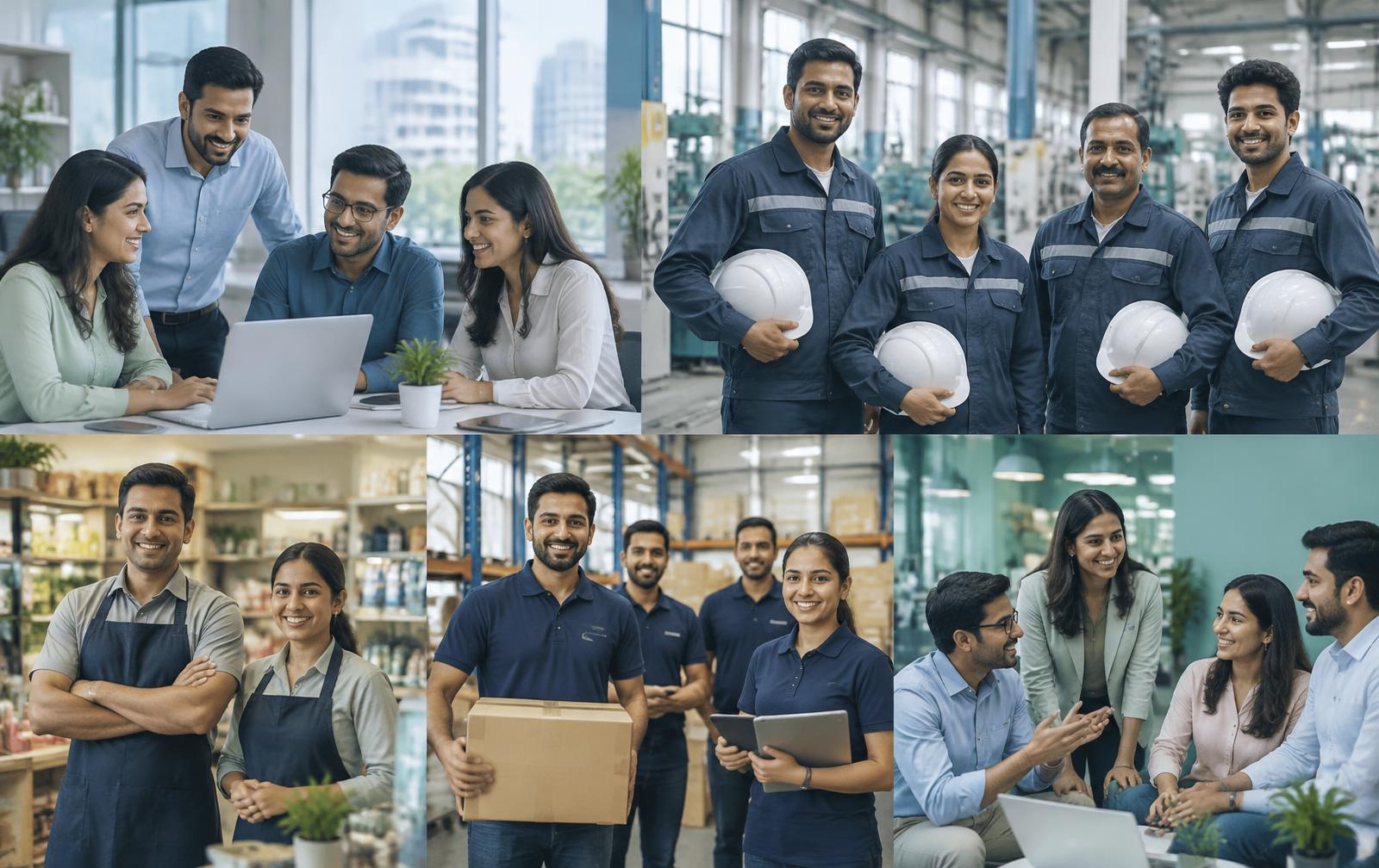Groups of Indian employees across office, manufacturing, retail and operations workplaces